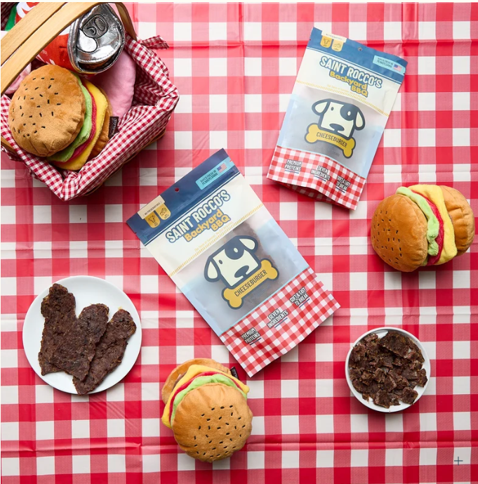 Cheeseburger treats lifestyle picnic flatlay